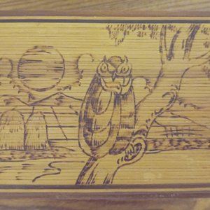 Vintage Engraved Owl Wooden Hinged Trinket Box 5.25'X3.75"X2.5" LINED WITH RED